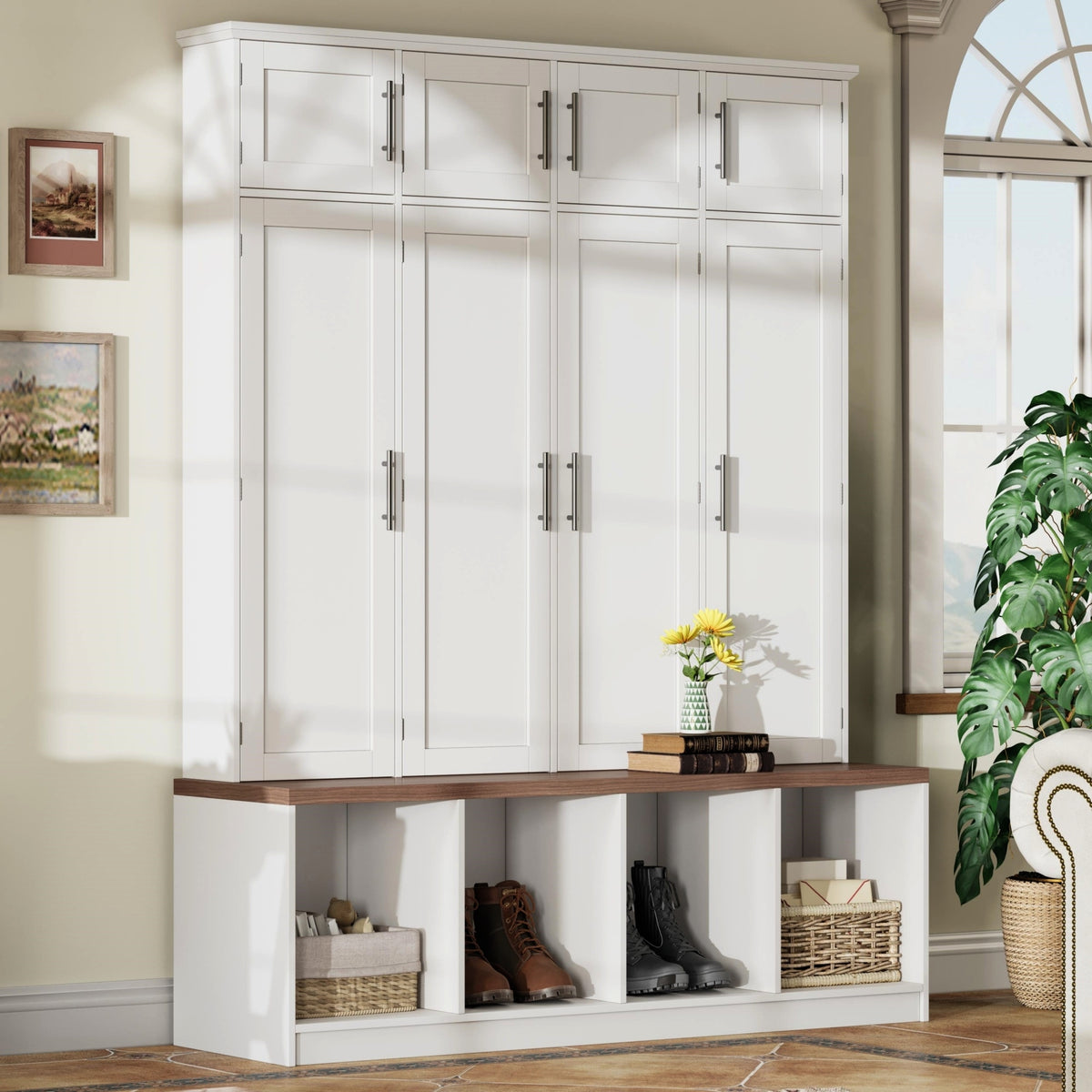 Farmhouse Hall Tree with 4 Hidden Hanging Hooks, Versatile Walnut Seating Bench with 8 Doors, Entryway Shoe Cabinet with Open Compartment for Living Room, White (OLD SKU:N721S000059K)