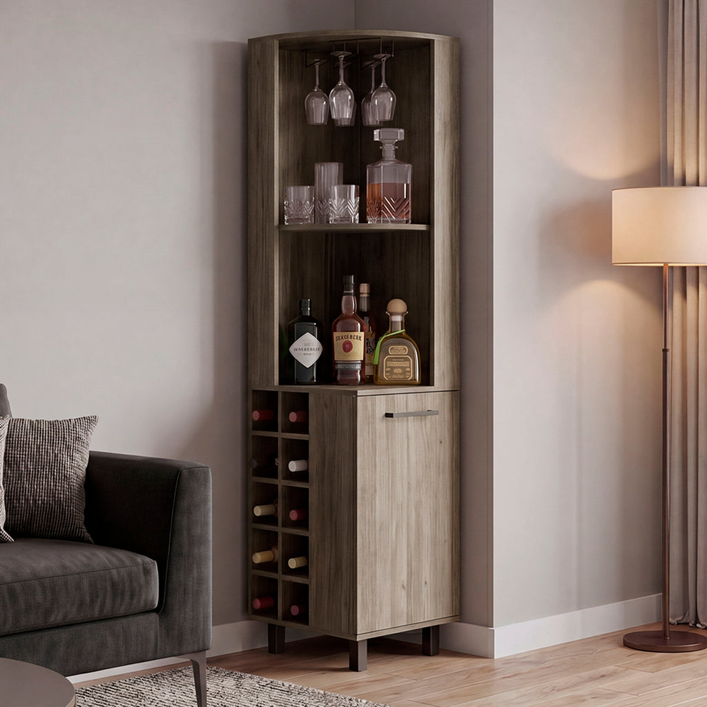 Kingston Corner Bar Cabinet with Wine Bottle Storage, Stemware Rack, and Display Shelves