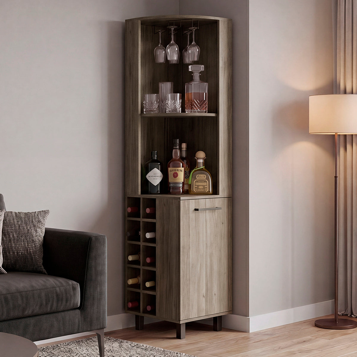 Kingston Corner Bar Cabinet with Wine Bottle Storage, Stemware Rack, and Display Shelves