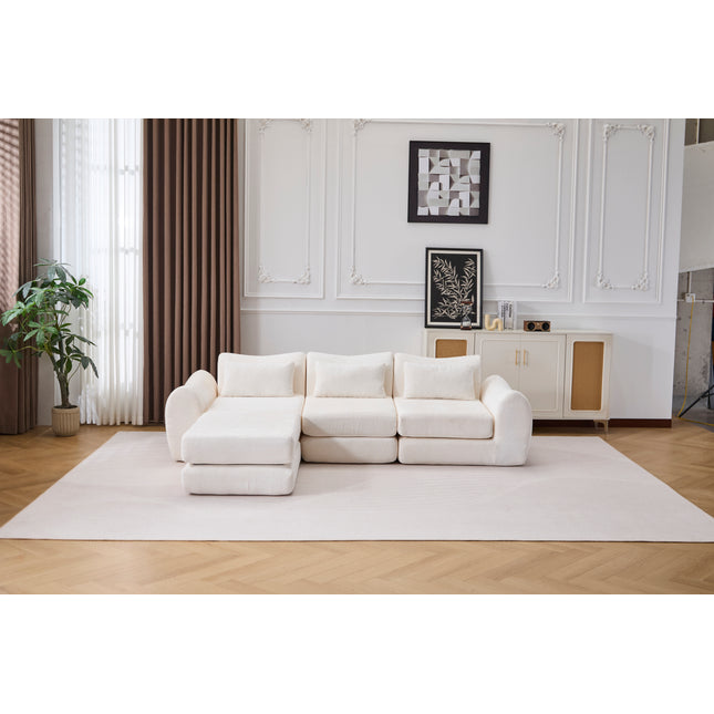 Foldable Wave Star Modular Sofa, Chenille Fabric for Living Room & Bedroom, Instant Expansion Comfortable Creative Furniture with 1 Middle Seat, 1 Ottoman and 1 Side Chaiseest,White.