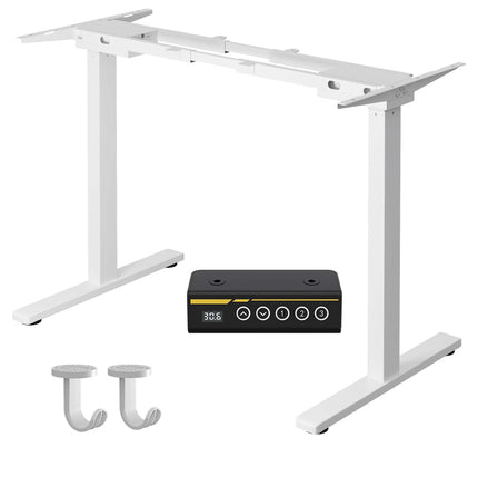 White Dual-motor electric standing desk frame, suitable for home and office, adjustable height and length, built-in powerful 350-lb motors with 3 height memory settings.