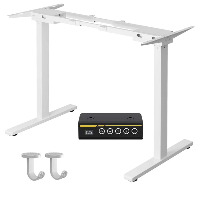 White Dual-motor electric standing desk frame, suitable for home and office, adjustable height and length, built-in powerful 350-lb motors with 3 height memory settings.
