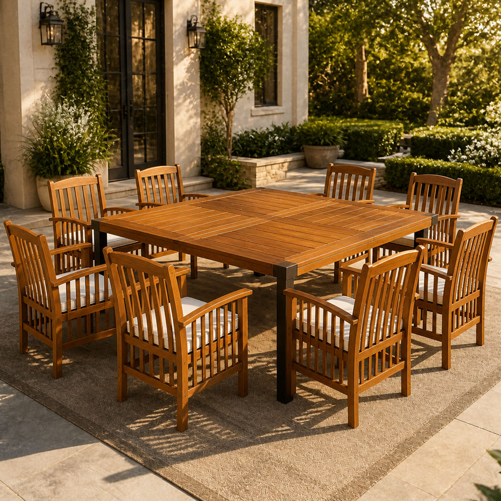 9‑Piece Acacia Wood Outdoor Patio Dining Set, 64' Square Teak Finish Wooden Table with 8 Pcs Acacia Wood Chairs, Brown Frame with Cream Cushions for Backyard Garden Deck