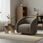Sabbo Brown Bouclé Swivel Chair with Walnut-Finished Solid Wood Base