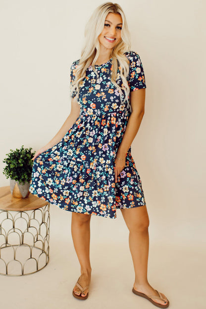 Blue Boho Floral A Line Smocked Waist Mini Dress - Eloy Royal