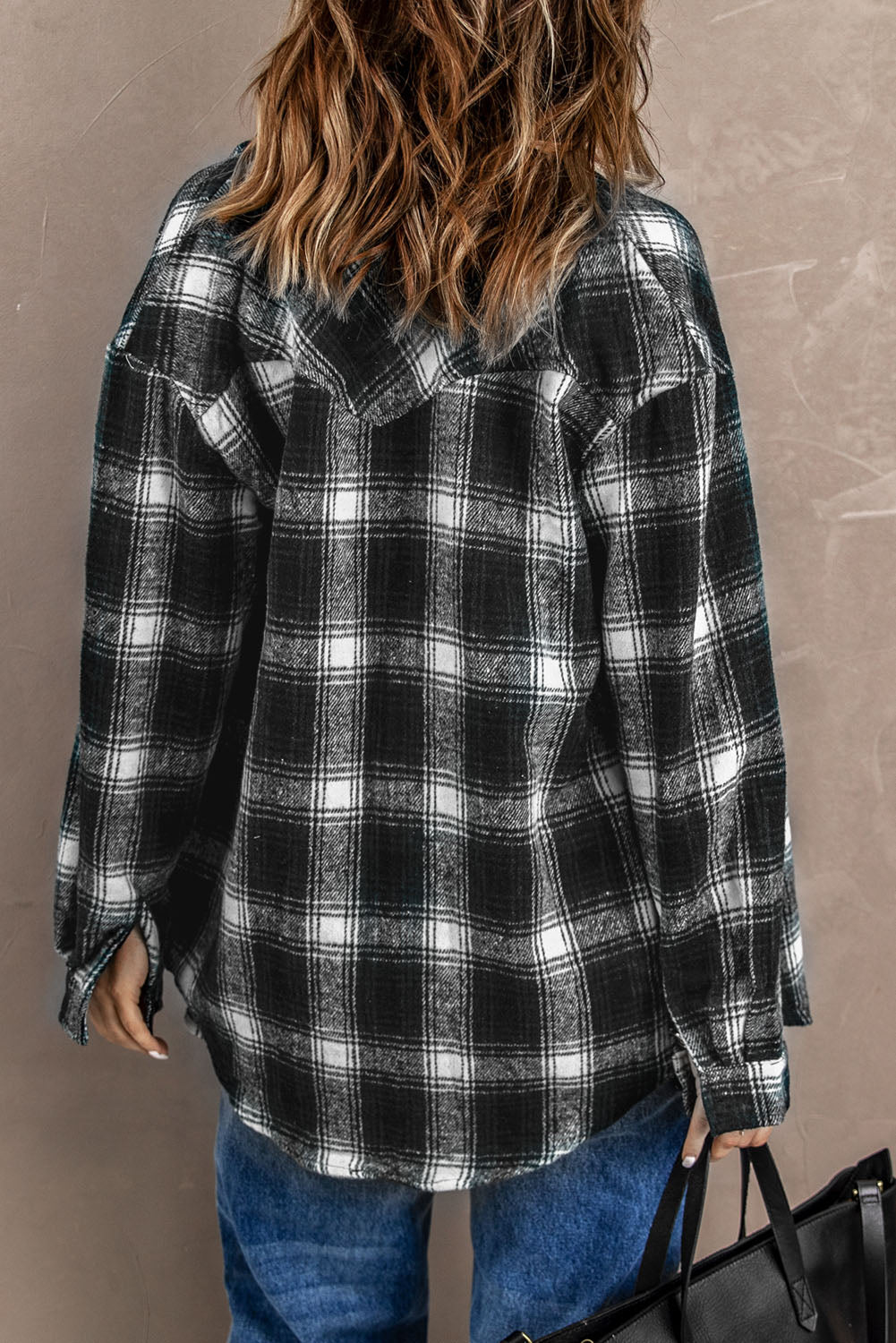 Wholesale Black Button Up Collared Plaid Shacket - Eloy Royal