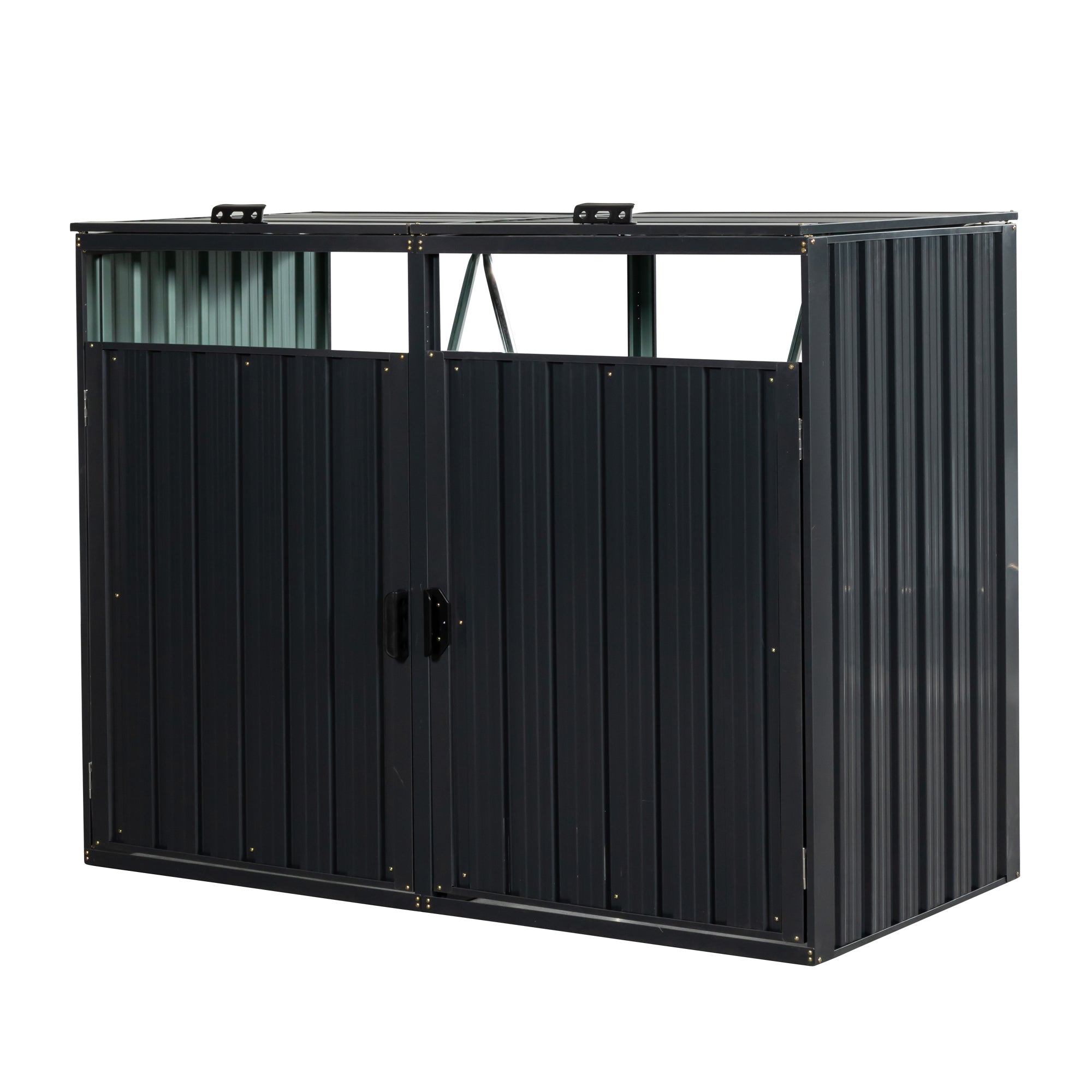 Metal Outdoor Garbage Bin Shed for Storage, Stainless Galvanized Steel, Charcoal, 2 Trash Cans