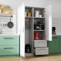 High wardrobe and kitchen cabinet with 2 doors, 2 drawers and 5 storage spaces,white
