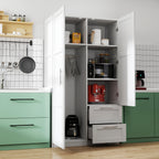 High wardrobe and kitchen cabinet with 2 doors, 2 drawers and 5 storage spaces,white