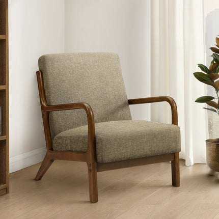 Accent Chair, 34'h, Upholstered, Living Room, Bedroom, Light Brown Fabric, Brown Walnut Solid Wood, Modern, Mid Century