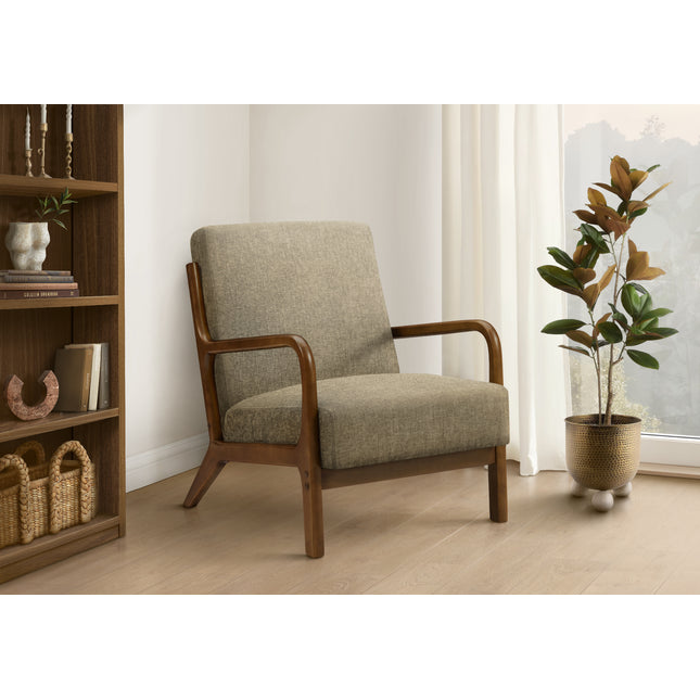 Accent Chair, 34'h, Upholstered, Living Room, Bedroom, Light Brown Fabric, Brown Walnut Solid Wood, Modern, Mid Century