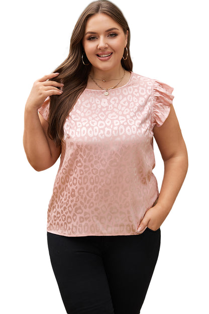 Pink Plus Size Leopard Print Ruffled Flutter Sleeve Satin Blouse - Eloy Royal