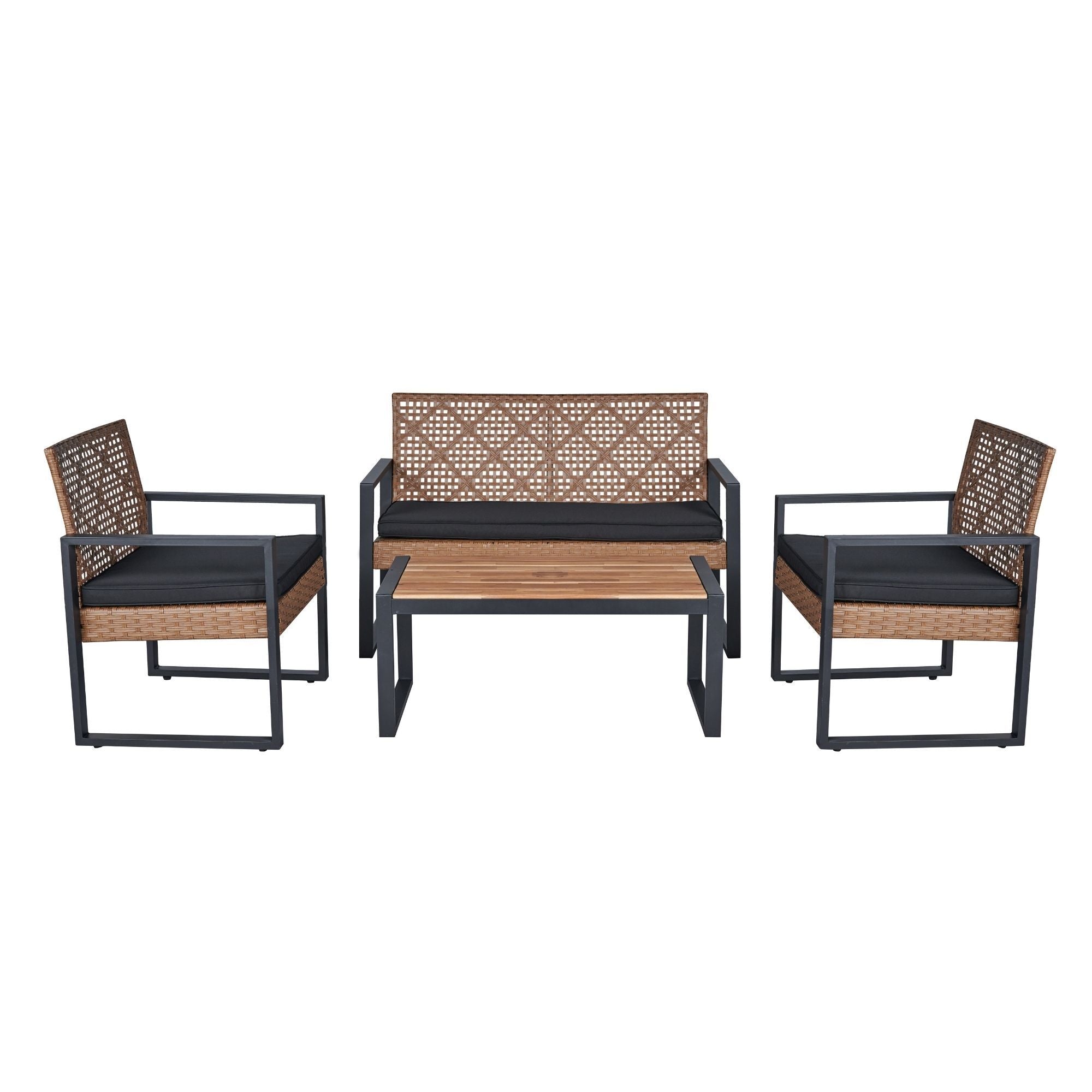 Modern Outdoor 4-Piece Patio Furniture Set with Acacia Wood Table Top, Black and Light Brown
