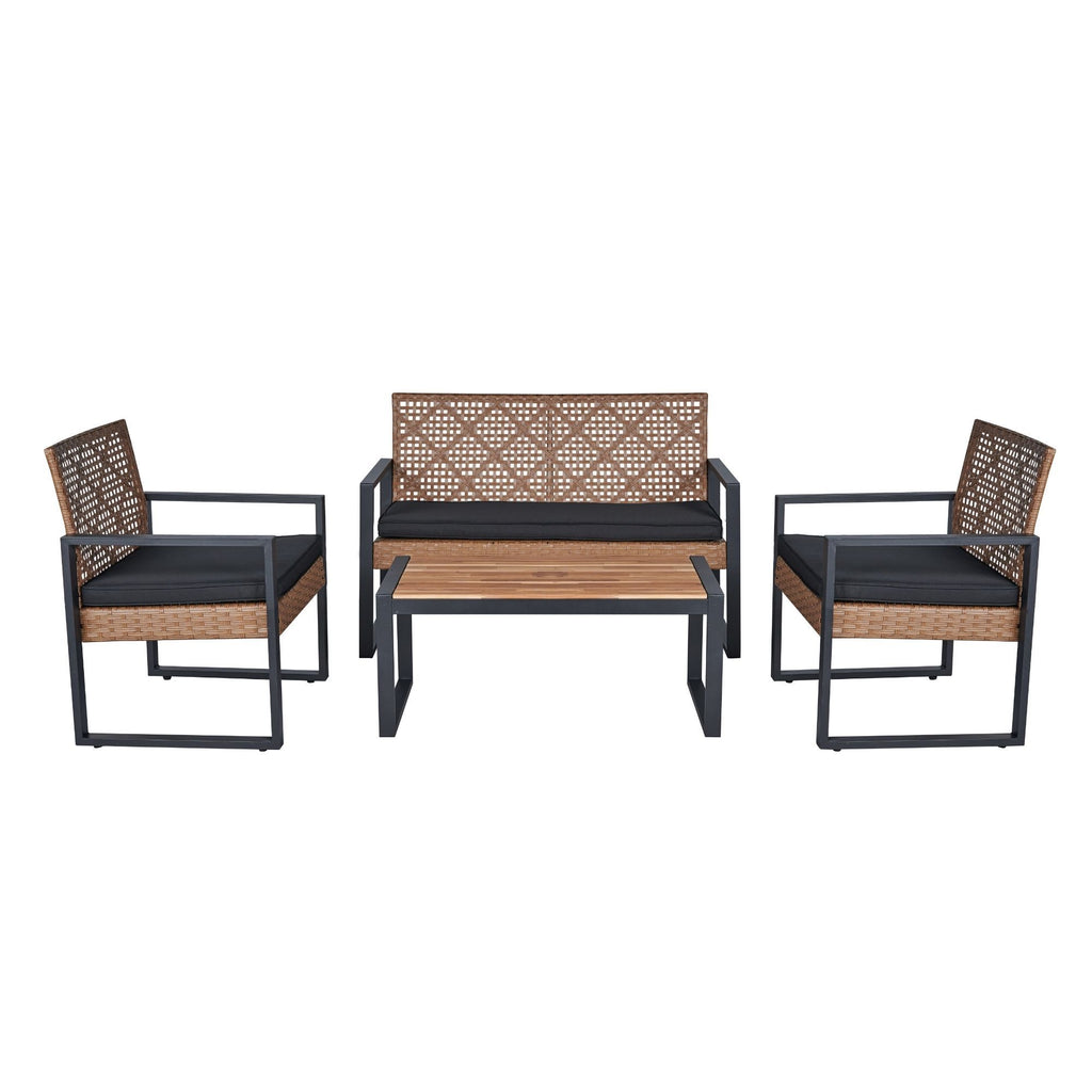 Modern Outdoor 4-Piece Patio Furniture Set with Acacia Wood Table Top, Black and Light Brown