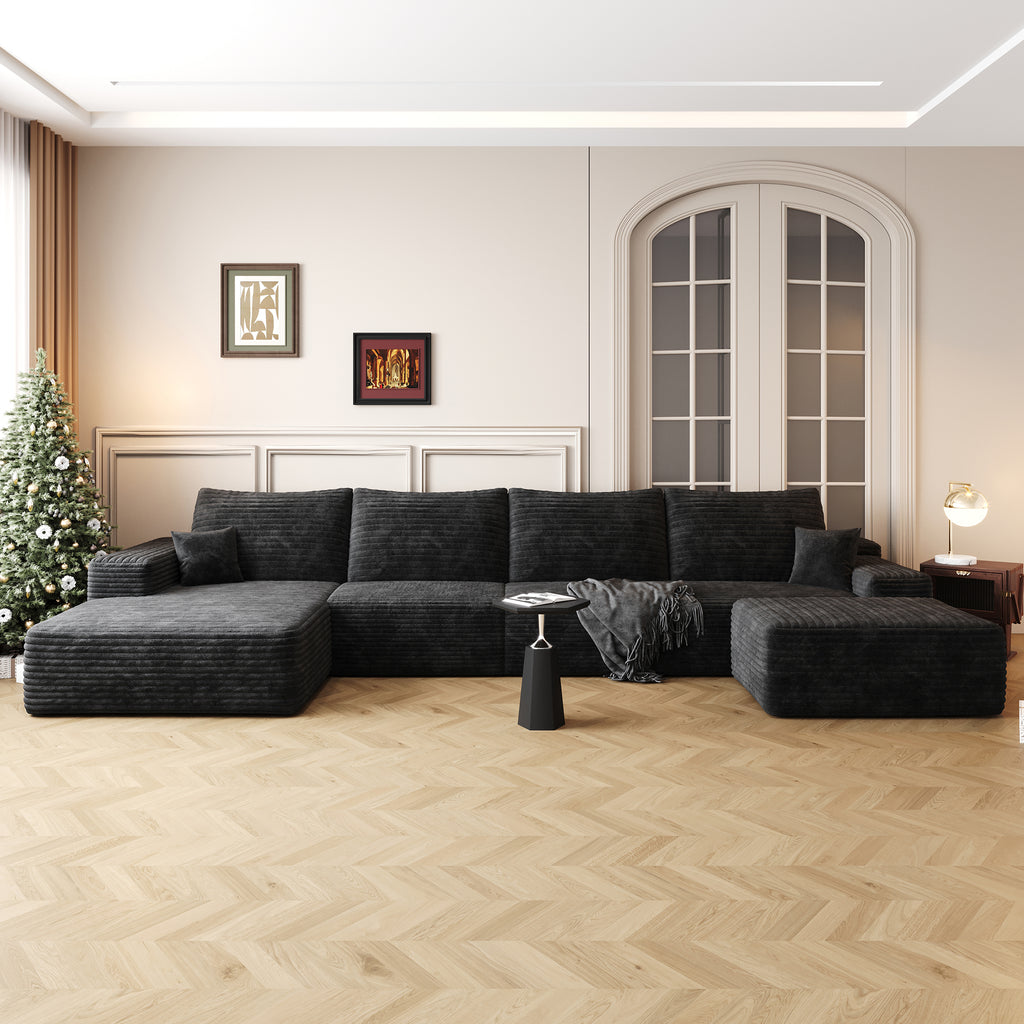 135' Cloud Sectional Sofa with 1 Ottoman,Modern Minimalist Upholstered Couches, Comfort U Shaped Sofa for Living Room,Deep Seat Corner Couch,No Assembly Required,Black (Plush Corduroy Fabric)