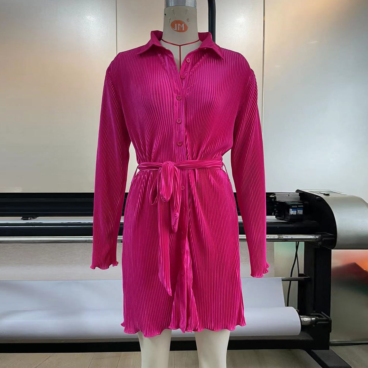 European And American Fashionable Pleated Long-sleeved Shirt-style Belted Dress