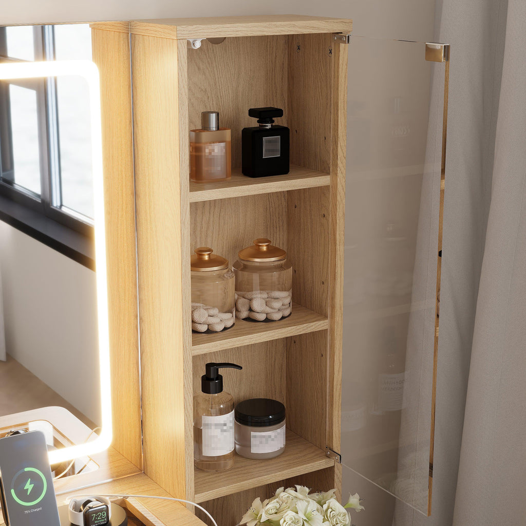 43.5' Fluted Makeup Vanity Desk with Mirror and Lights, Modern Glass Top Vanity Table with 10 Drawers & 2 Transparent Glass Cabinets, Dressing Table Set with Stool and Charging Station, Oak - Eloy Royal