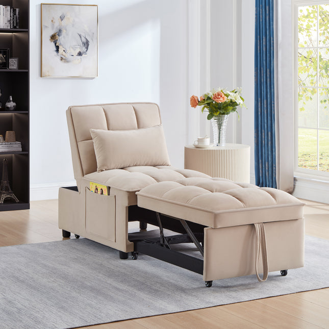 4 in1 Multi-Function Single Sofa Bed with Storage Pockets,Tufted Single Pull-out Sofa Bed with Adjustable Backrest and Pillows ,Convertible  Chaise Lounge,Taupe