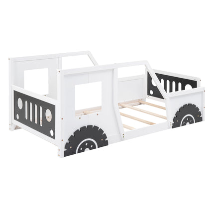 Classic Car-Shaped Twin Platform Bed with Wheels in White with Pine Wood
