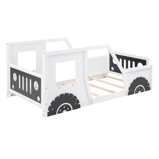 Classic Car-Shaped Twin Platform Bed with Wheels in White with Pine Wood