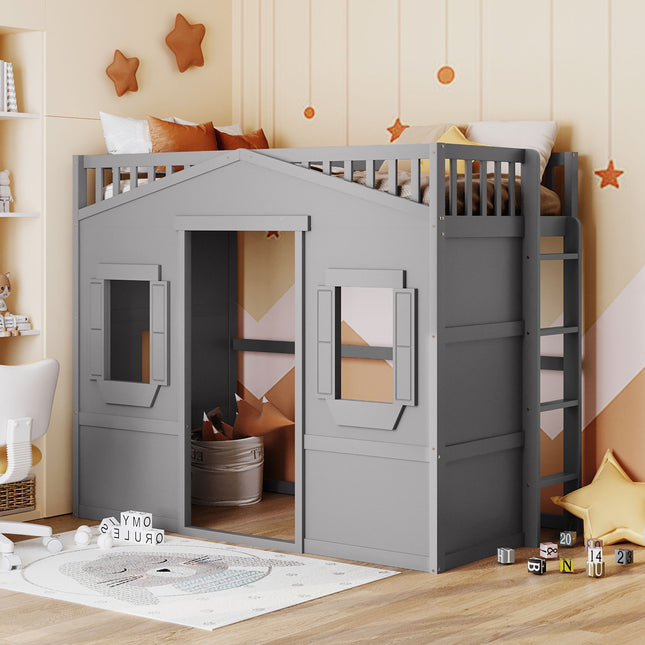 Twin Size House Loft Bed With Ladder-Gray(OLD SKU:LT000335AAE)