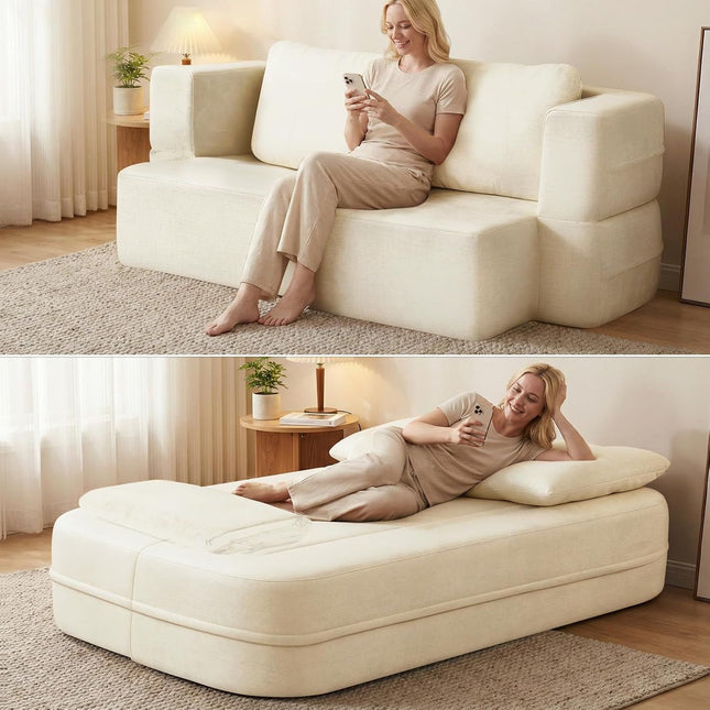 Convertible Sofa Bed with Blanket, Boneless Cloud Couch Queen Scott Fabric for Living Room Bedroom, 
Modular Loveseat with High-Density Solid Sponge No Assembly,Beige.