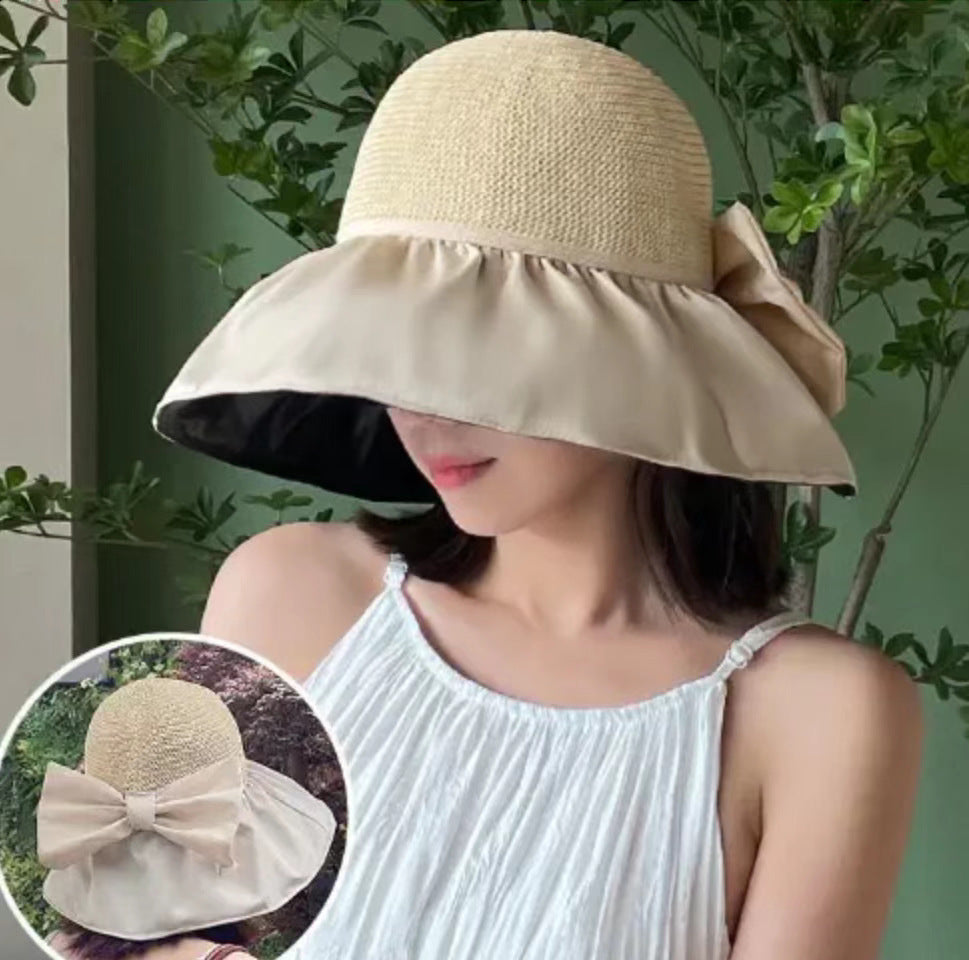 Summer Straw Sunhat With Large Brim And Big Bow Anti-UV Fisherman Hat Outdoor Sunshade And Face Protection Hat