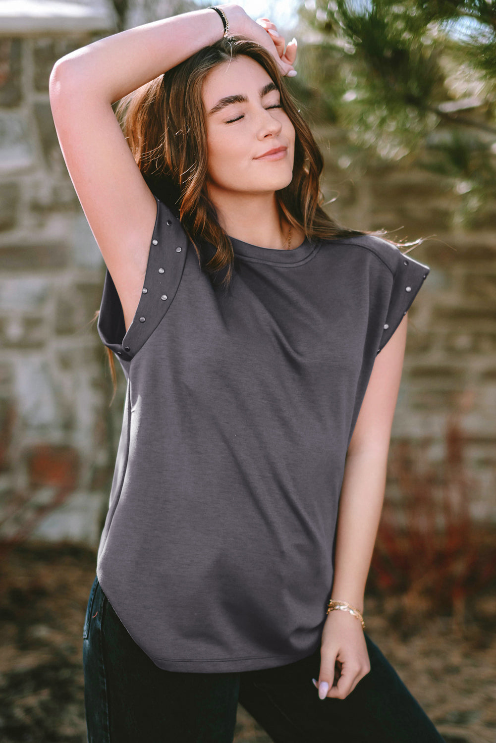 Dark Grey Casual Studded Round Neck T Shirt - Eloy Royal