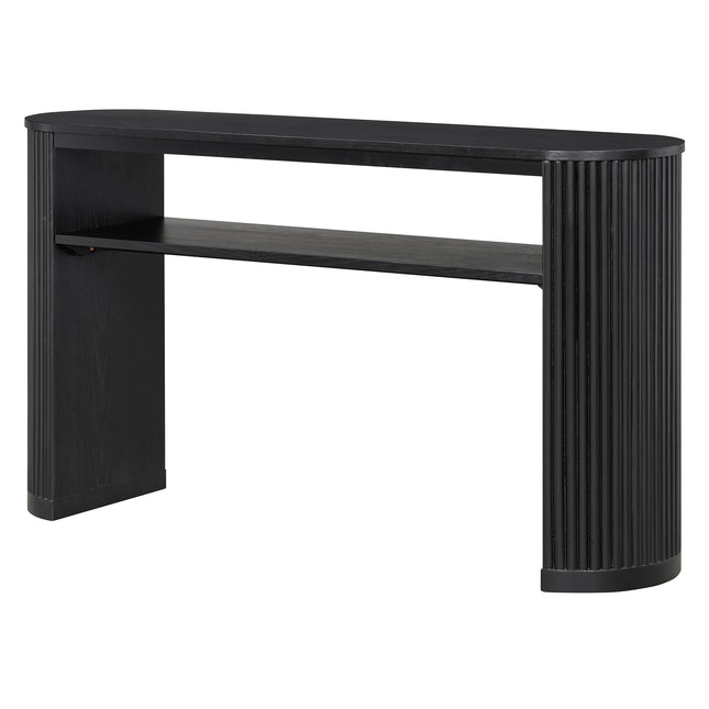 TREXM Rustic Console Table with Fluted Legs - Farmhouse Entryway Sofa Table, Vintage Oval Hallway Accent Table with Ash Veneer Top and Glaze Finish, Open Shelf, Black