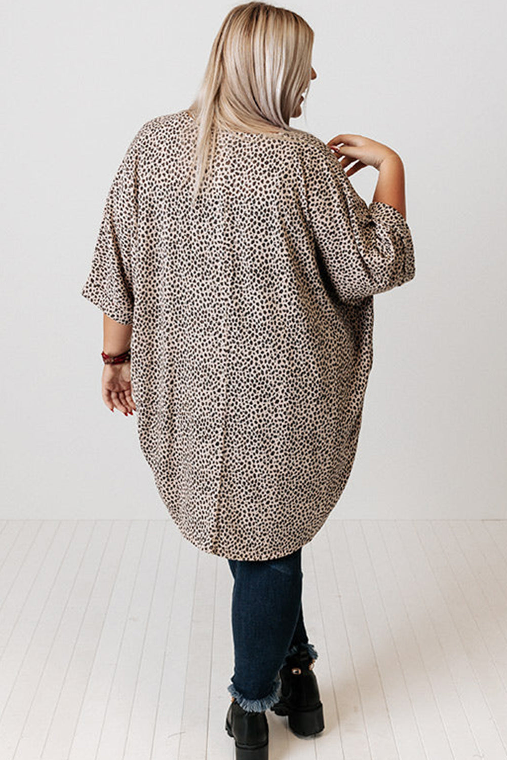 Khaki Plus Size Leopard Print Half Sleeve Open Front Cardigan - Eloy Royal