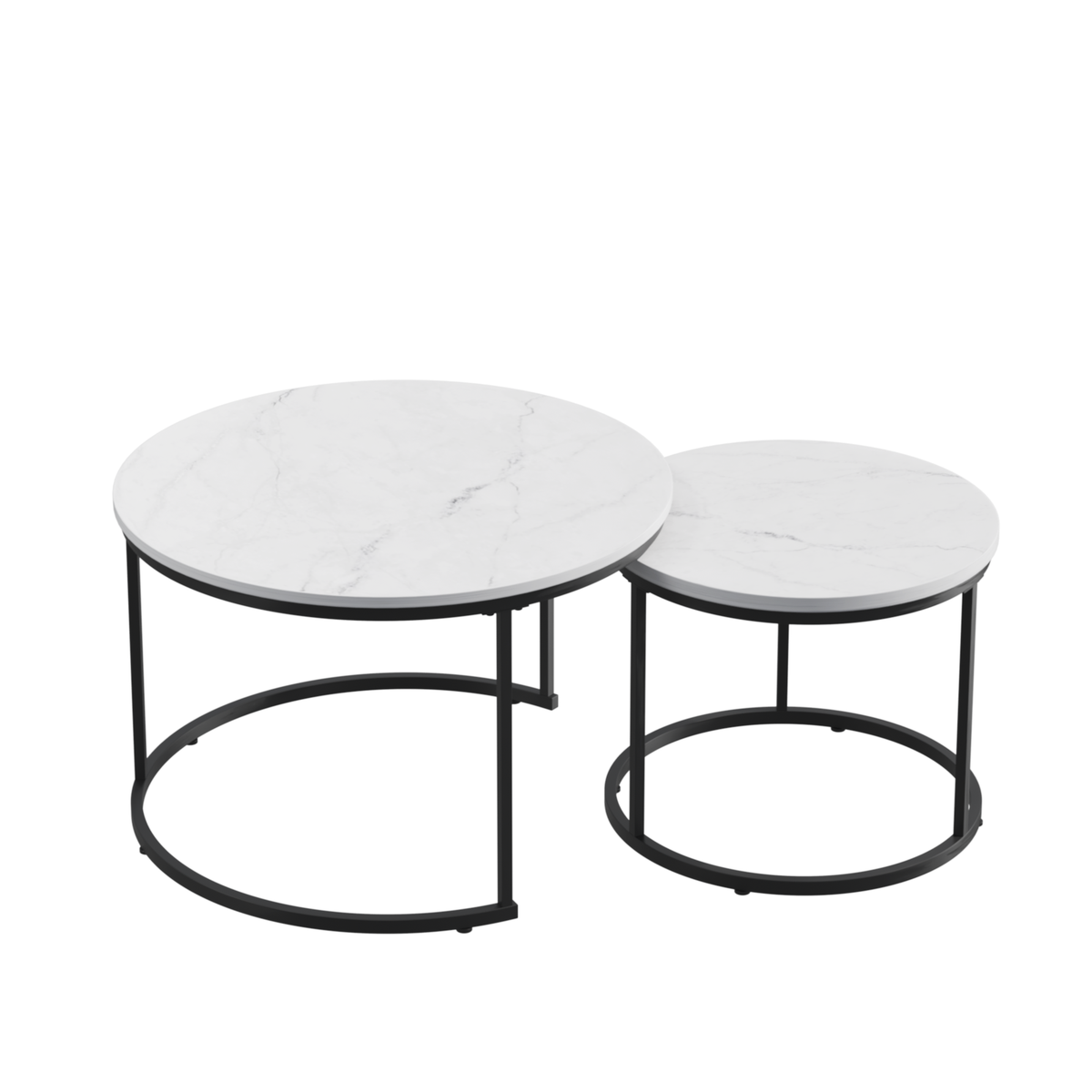 Nesting Coffee Table Set of 2, 27.6inch Round Wood Marble Pattern Top with Sturdy Metal Frame, White Living Room End Tables for Bedroom Balcony Yard