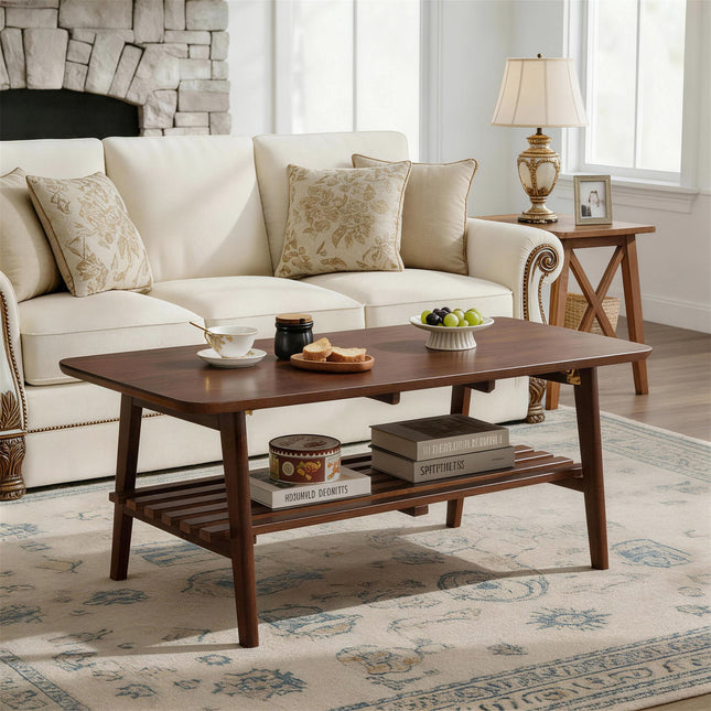 Wooden Coffee Table with Storage Shelf, Mid-Century Rectangular Center Table for Living Room,Walnut Brown