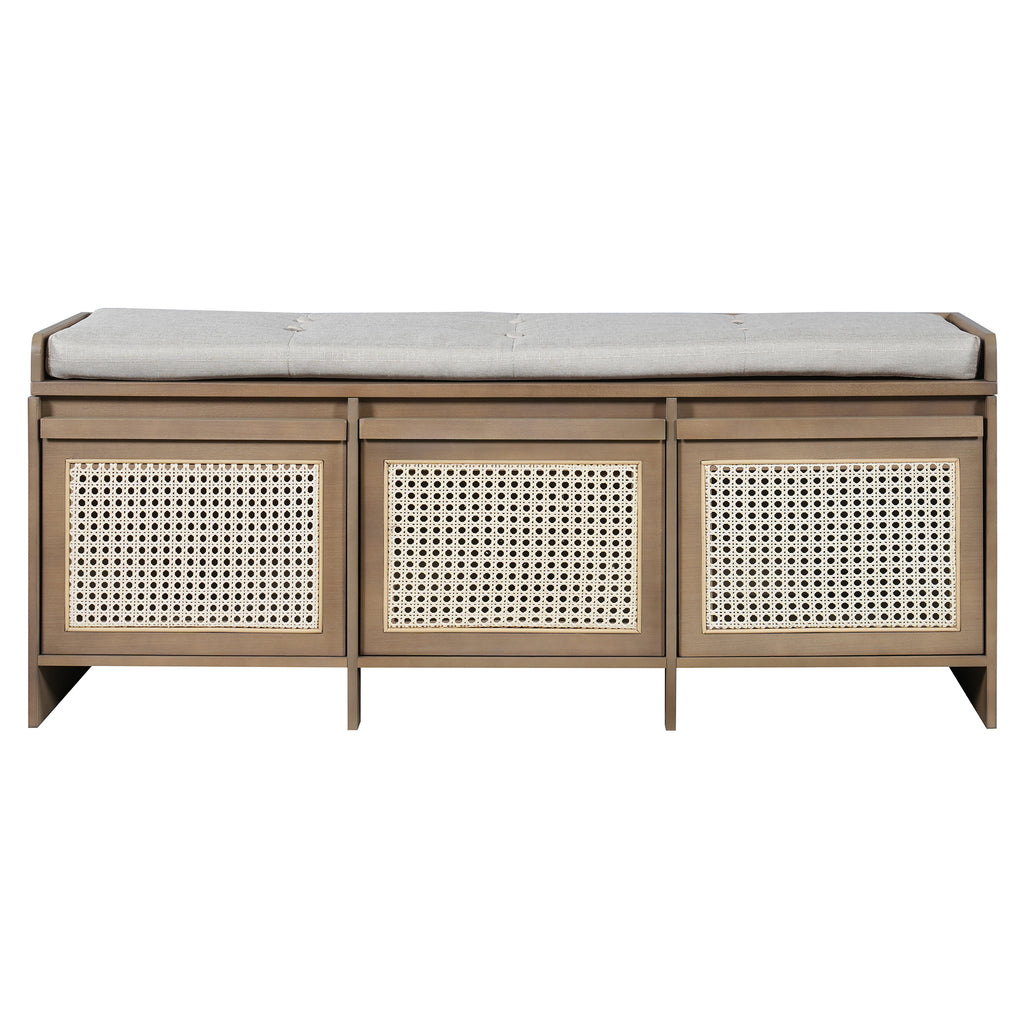 TREXM Retro Entryway Shoe Bench with Rattan Drawers & Button-Tufted Cushion, Natural Finish, 48' L