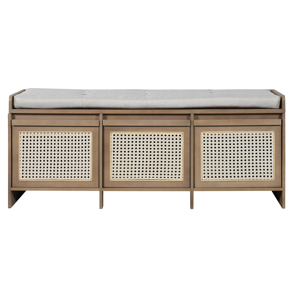 TREXM Retro Entryway Shoe Bench with Rattan Drawers & Button-Tufted Cushion, Natural Finish, 48' L