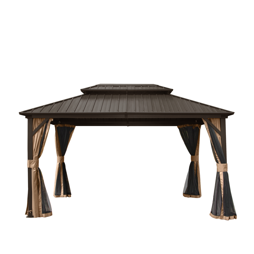 10' x 12' Hardtop Gazebo Permanent Metal Gazebo with Galvanized Steel Double Roof, Curtains and Netting for Party, Wedding, Outdoor Dining, Patio, Backyard, Brown