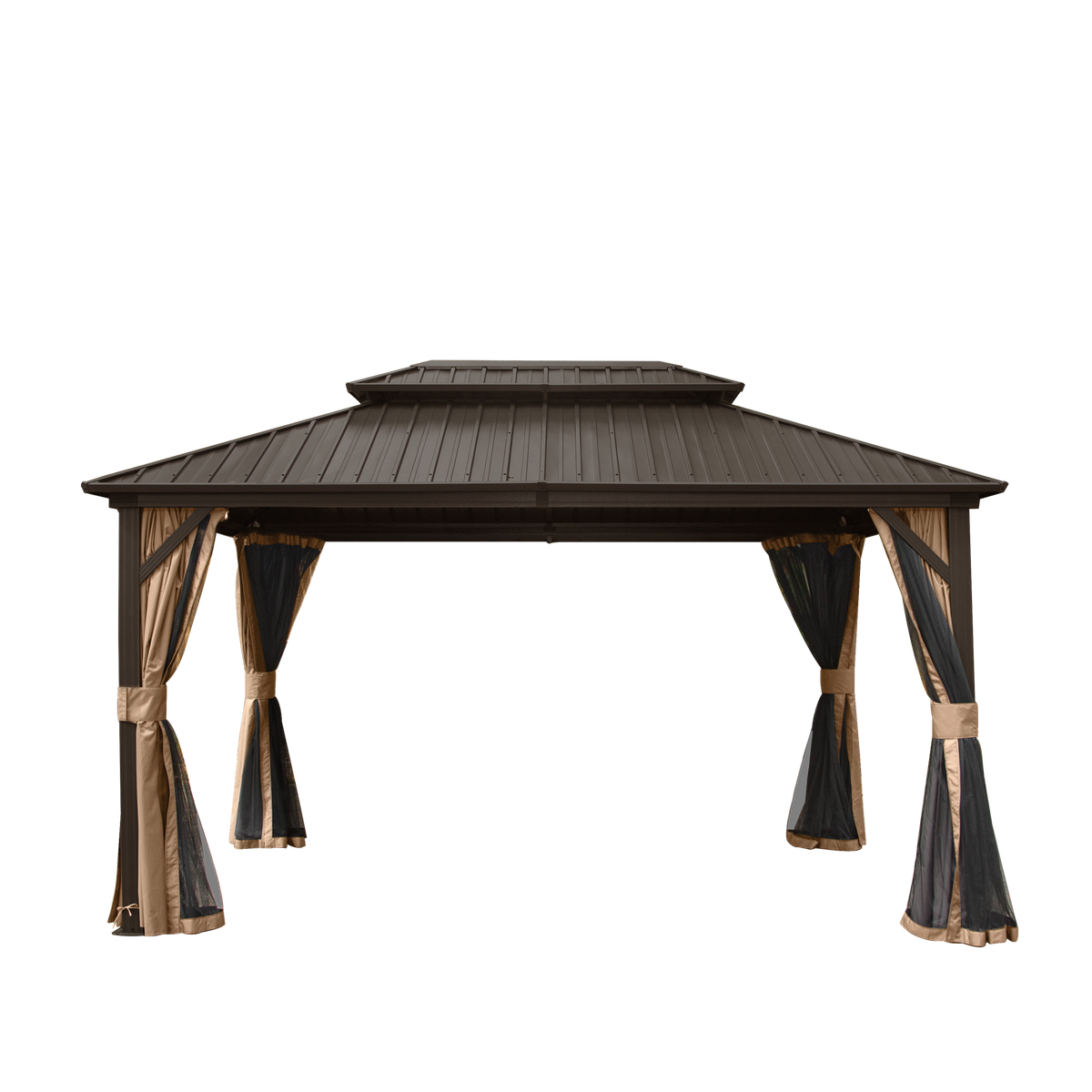 10' x 12' Hardtop Gazebo Permanent Metal Gazebo with Galvanized Steel Double Roof, Curtains and Netting for Party, Wedding, Outdoor Dining, Patio, Backyard, Brown