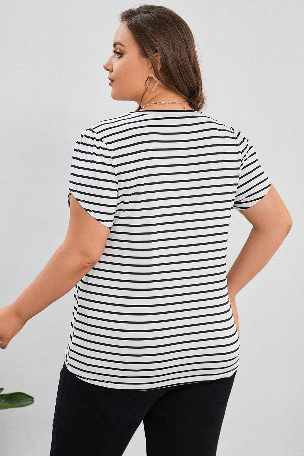 White Stripe V Neck Petal Sleeve Plus Size T-Shirt - Eloy Royal