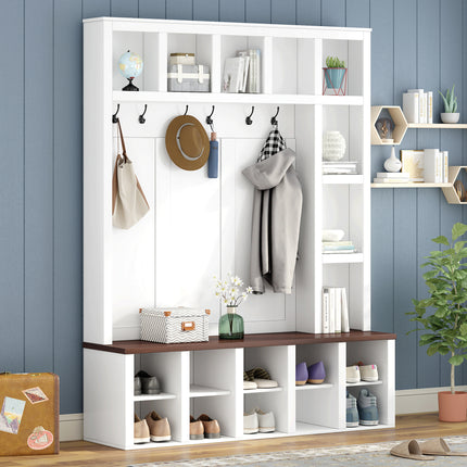 Farmhouse Wooden Hall Tree with 6 Hooks, Walnut Storage Bench with Adjustable Shelves, 4-in-1 Entryway Shoe Cabinet with Cubbies for Mudroom, Living Room, White, 76.7'H (OLD SKU: N721S000044K)