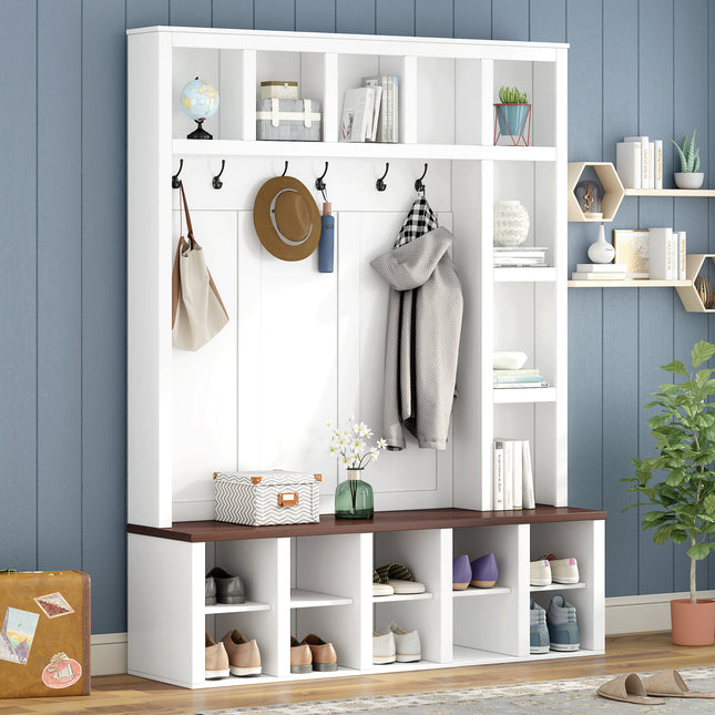 Farmhouse Wooden Hall Tree with 6 Hooks, Walnut Storage Bench with Adjustable Shelves, 4-in-1 Entryway Shoe Cabinet with Cubbies for Mudroom, Living Room, White, 76.7'H (OLD SKU: N721S000044K)