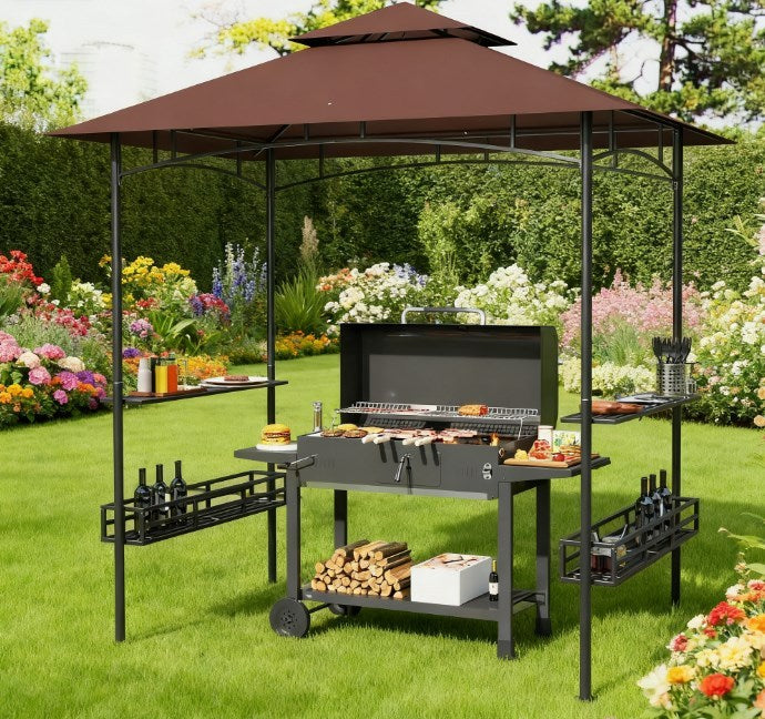 2-Tier Outdoor BBQ Gazebo,BBQ Grill Gazebo,with 2 Side Shelves,Storage Baskets,Ceiling Hook