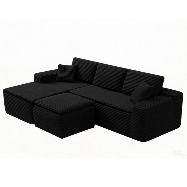 106.5' L-Shaped Corduroy Upholstered 3-Seat Lounge Sofa with Seat Cushion&Ottoman, Left Hand Facing