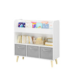 Modern Kids Bookshelf with 3 Fabric Bins, White and Gray Storage Shelf for Toys and Books, Ideal for Playroom, Bedroom, or Nursery - Eloy Royal