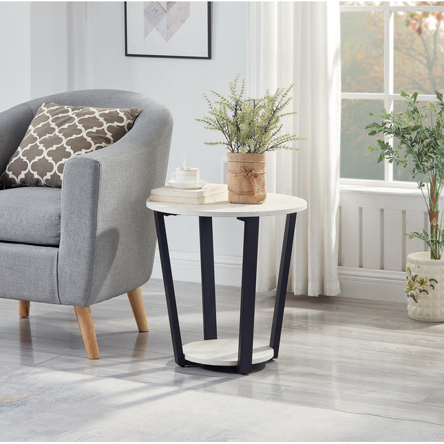 Elysian Contemporary Round End Table with Shelf, Off-White