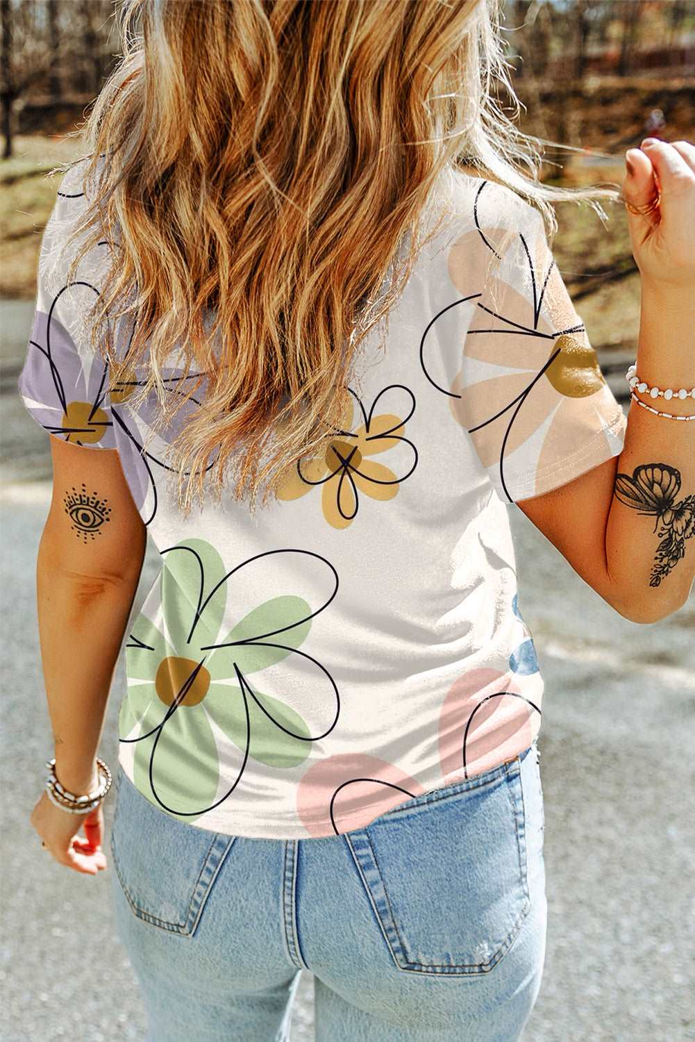 Beige Summer Flower Print Round Neck T Shirt