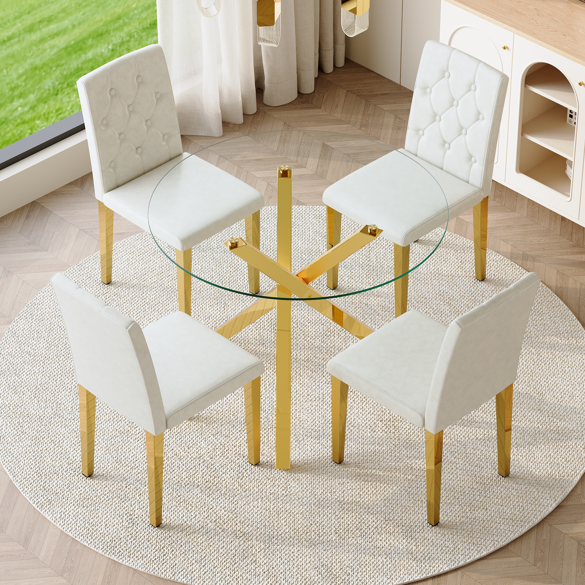 Table and chair set.Modern glass round table: 39 inch diameter, X-shaped golden metal bracket. Paired with 4 WHITE PU dining chairs with ergonomic buckle backrest.Suitable for restaurants, kitchens.