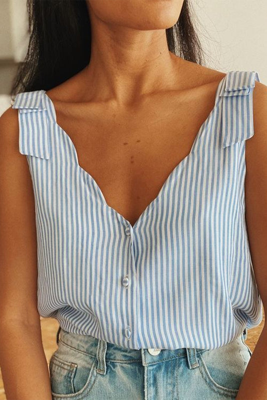 Sky Blue Striped Print Scalloped Trim V Neck Buttoned Sleeveless Shirt - Eloy Royal