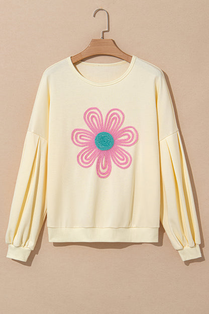 Beige Cute Tinsel Flower Puff Sleeve Sweatshirt