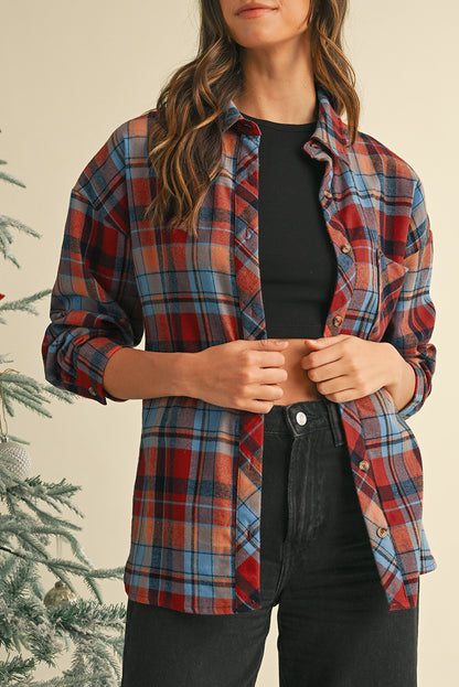 Red Plaid Print Drop Sleeve Loose Shirt