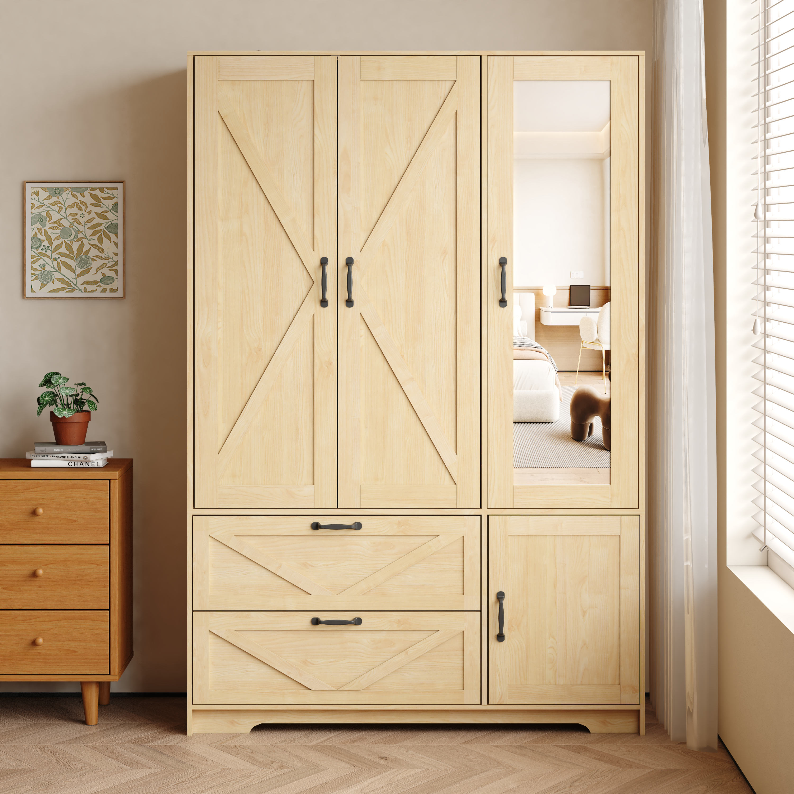4 Doors Wardrobe Closet with Mirror, LED Wardrobe with Doors and 2 Drawers, Wooden Wardrobe Storage Cabinet with Hanging Rod, Adjustable Shelves, Natural