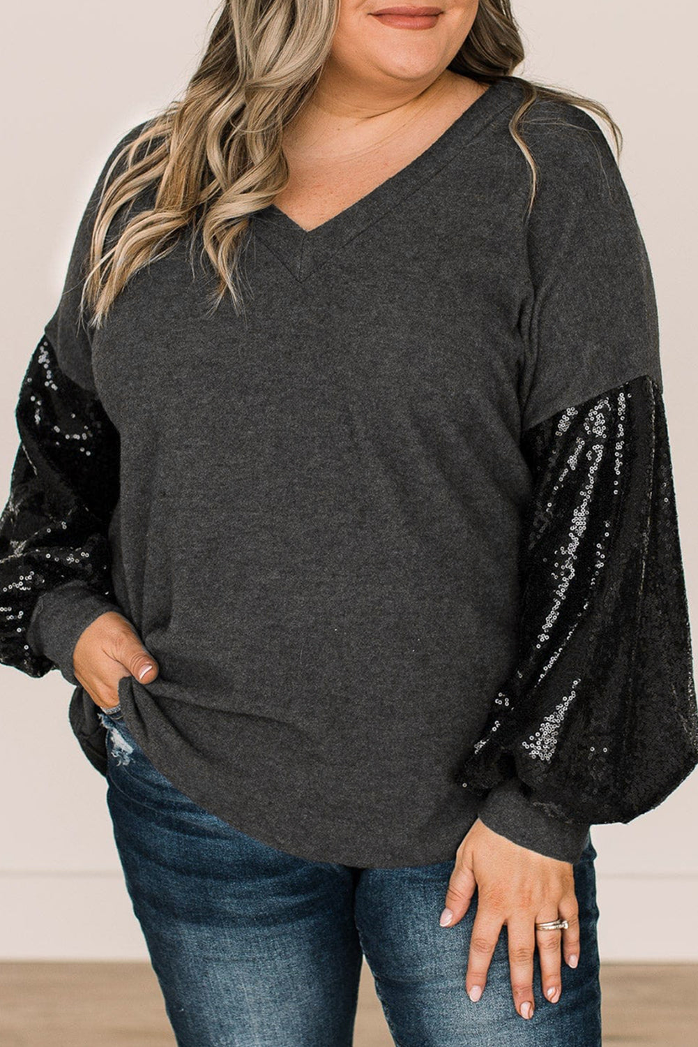 Wholesale Black Plus Size Sequin Bubble Sleeve V Neck Knit Top - Eloy Royal